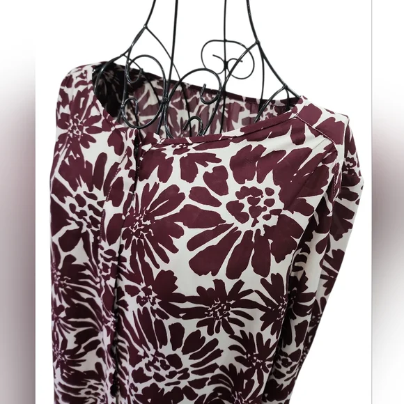 LOFT Floral Blouse Women Sz XL Burgundy Long Sleeve Casual Workwear Preppy Flowy - Picture 2 of 9